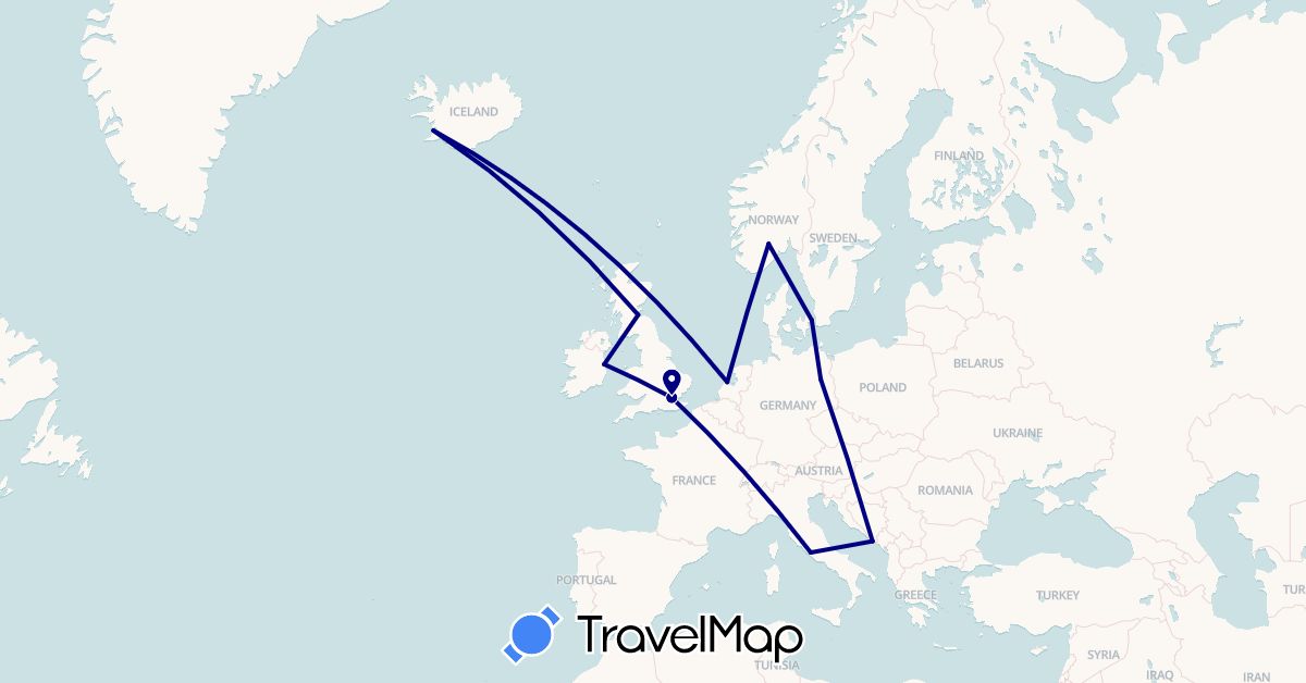 TravelMap itinerary: driving in Germany, Denmark, United Kingdom, Croatia, Ireland, Iceland, Italy, Netherlands, Norway (Europe)