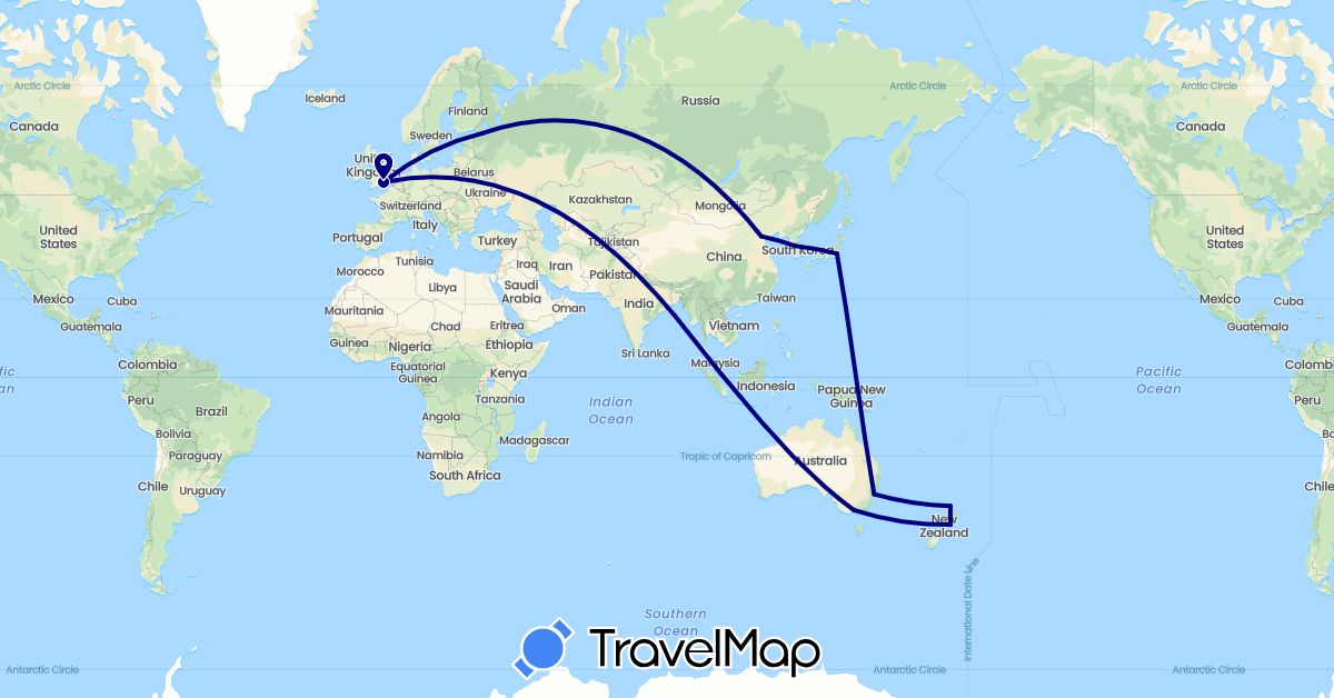 TravelMap itinerary: driving in Australia, China, United Kingdom, Japan, South Korea, New Zealand, Russia, Singapore (Asia, Europe, Oceania)